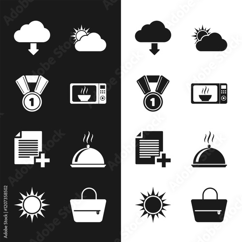 Set Microwave oven, Medal, Cloud download, Sun and cloud weather, Add new file and Covered with tray of food icon. Vector