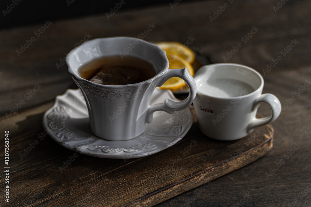 Traditional English tea with lemon and milk on wooden tray Traditional English tea with lemon and milk on wooden tray