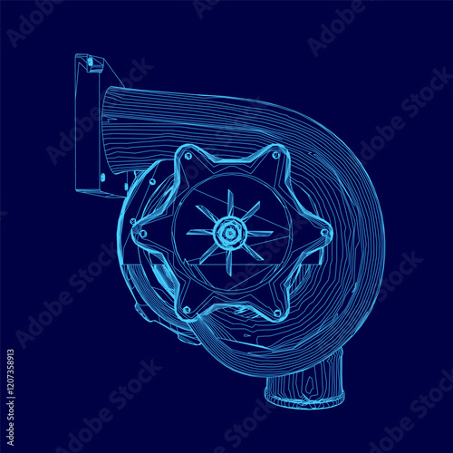 Blue drawing of a turbo with a blue outline. The drawing is of a car engine