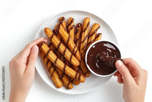 Delicious churros drizzled with rich chocolate sauce, a tempting Spanish treat.