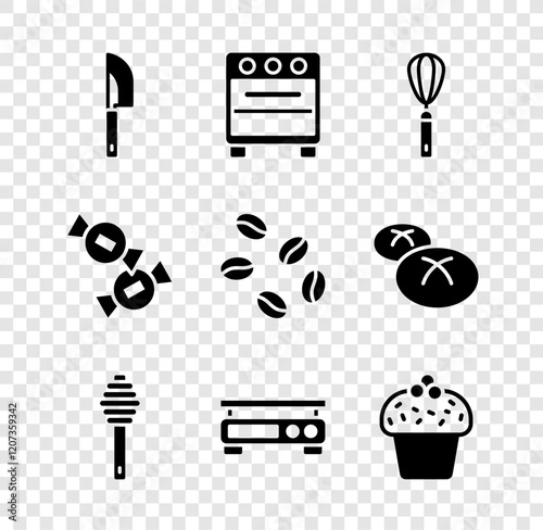 Set Knife, Oven, Kitchen whisk, Honey dipper stick, Electronic scales, Cake, Candy and Coffee beans icon. Vector