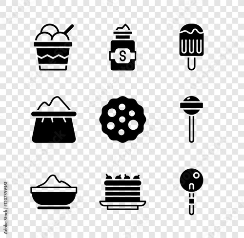 Set Ice cream in bowl, Jar of sugar, Flour, Cake, Lollipop, Bag flour and Cookie or biscuit icon. Vector