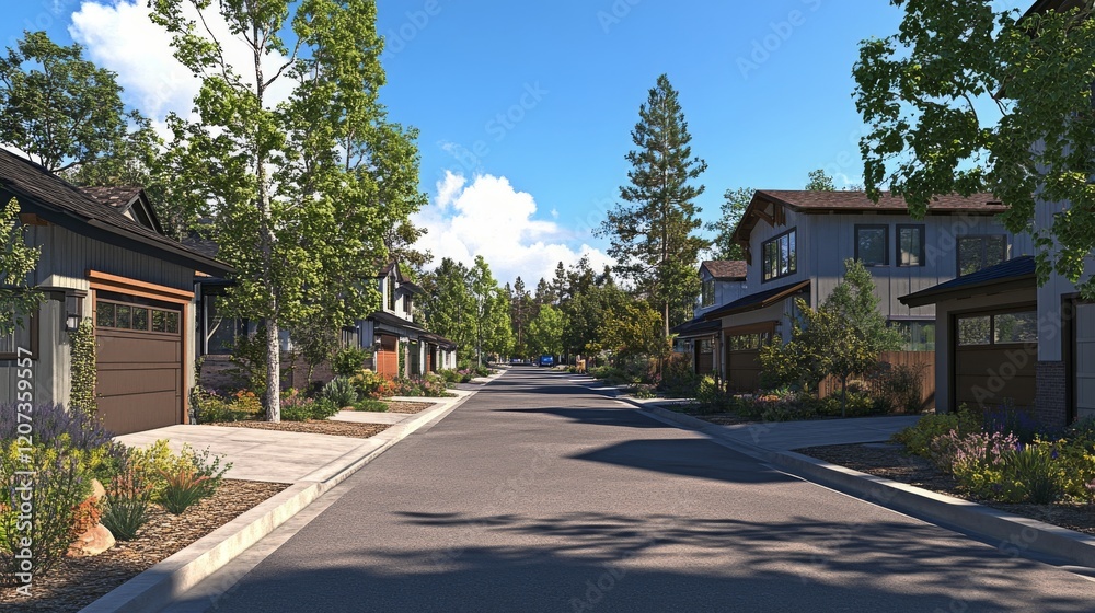 Obraz premium Suburban town street against mountain background. Vector cartoon illustration of asphalt road, cozy houses and garages, green grass and trees, blue sky on sunny day. Urban residential neighborhood