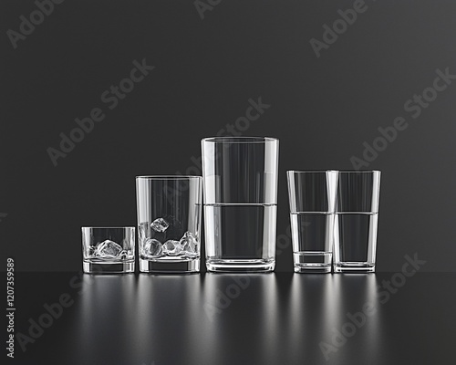 Four clear glasses, various sizes, half-full, on dark surface.