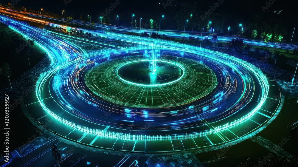 Futuristic roundabout with light trails and digital grid effect at night landscape view