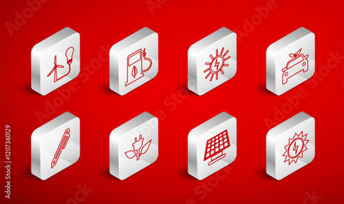 Set line Solar energy panel, Bio fuel with fueling nozzle, Eco car concept drive, Light bulb wind turbine, Electric saving plug leaf and Pen icon. Vector