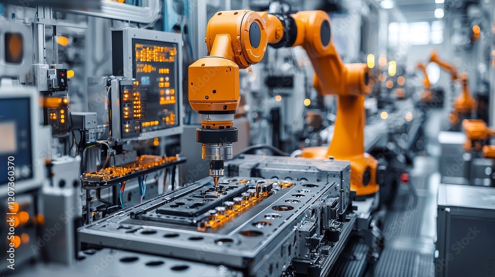 Fototapeta premium Advanced industrial robotic arm working on an assembly line in a modern manufacturing facility