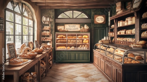 Vintage-style poster of a classic French bakery with croissants, warm colors, and old-world charm