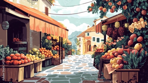 Fotografía Vintage-style poster of a quaint village market with stalls, fruits, and vegetab