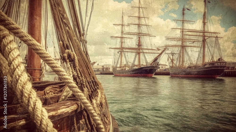 Obraz premium Vintage-style poster of a seaport with ships, ropes, and a coastal old-world feel,