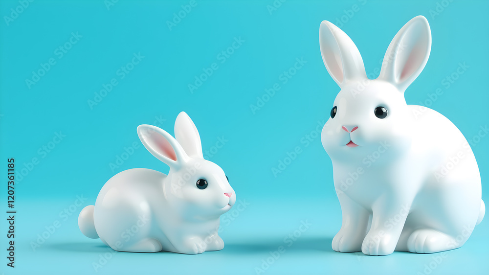 3d illustration of two cute white ceramic rabbit decorations. Animal characters isolated on blue background. Generative AI 3d illustration of two cute white ceramic rabbit decorations. Animal characters isolated on blue background. Generative AI