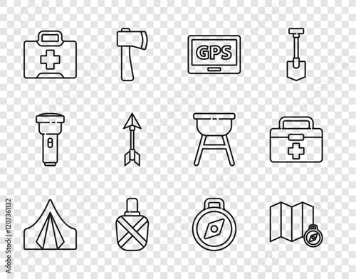 Set line Tourist tent, Location of the forest on map, Gps device with, Canteen water bottle, First aid kit, Hipster arrow, Compass and icon. Vector