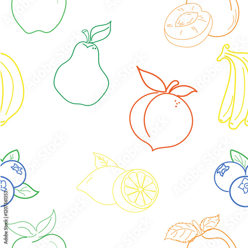 Repeating pattern of different fruits such as lemons, peach, bananas, strawberries, pear