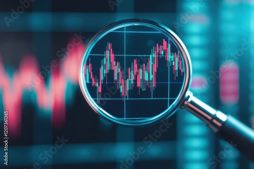 Magnifying glass zooming in on a virtual trading interface with illuminated candlesticks and geometric patterns, symbolizing precision and research
