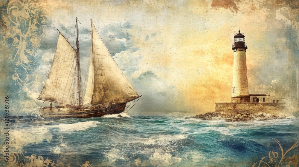 Naklejka premium Vintage-style poster of a sailing trip with an old sailboat, lighthouse, and ocean waves