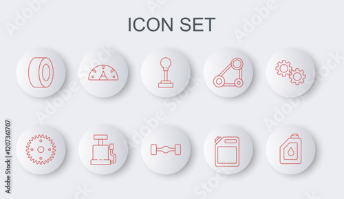 Set line Canister for motor oil, Gear, shifter, gasoline, Car tire, Speedometer, air pump and Chassis car icon. Vector