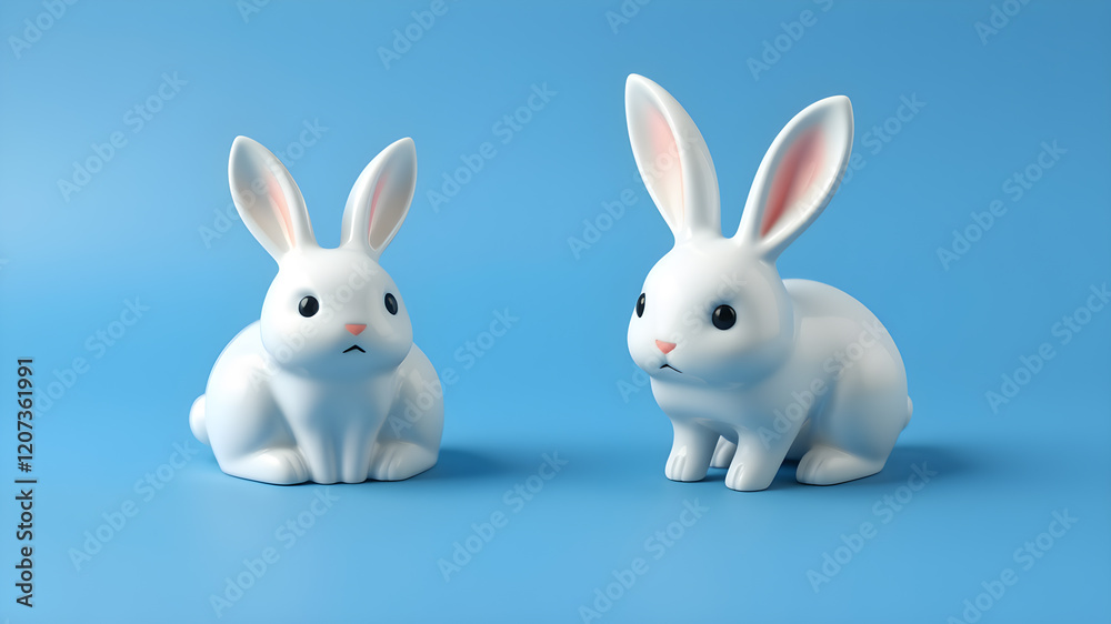3d illustration of two cute white ceramic rabbit decorations. Animal characters isolated on blue background. Generative AI 3d illustration of two cute white ceramic rabbit decorations. Animal characters isolated on blue background. Generative AI