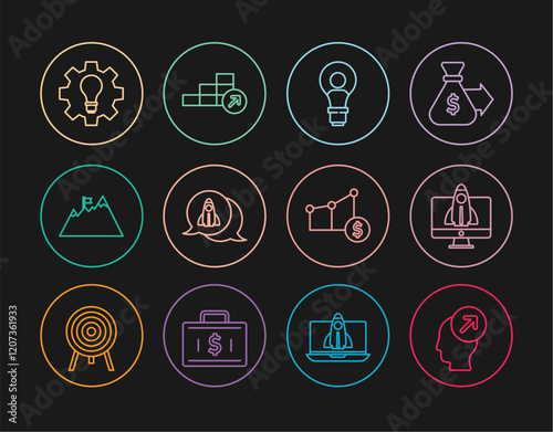Set line Head hunting concept, Startup project, with lamp bulb, Mountains flag, Light and gear, Pie chart dollar and Financial growth icon. Vector