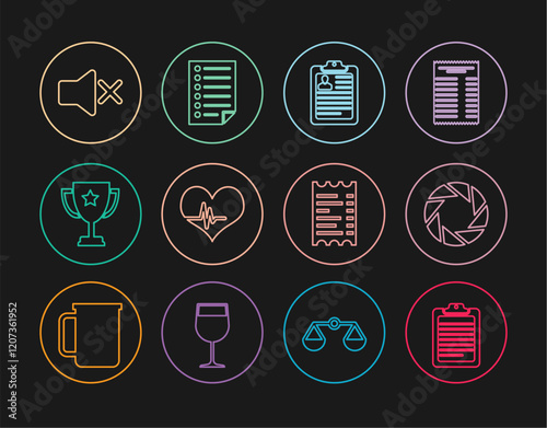 Set line Clipboard with document, Camera shutter, resume, Heart rate, Trophy cup, Speaker mute, Paper or financial check and Document icon. Vector