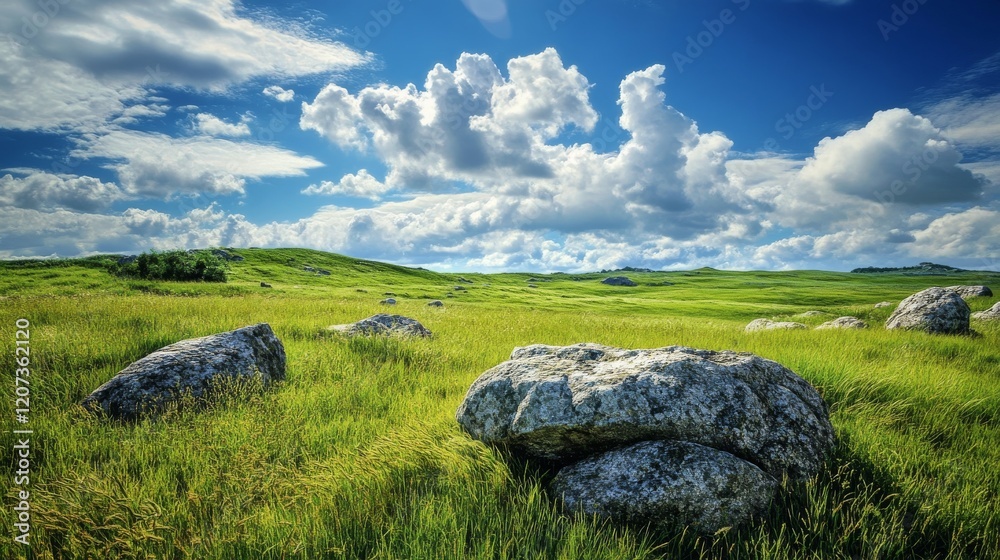 Cartoon nature landscape green field with grass and rocks under blue sky with fluffy clouds. Panoramic picturesque scenery game background, natural tranquil countryside scene, Vector illustration Cartoon nature landscape green field with grass and rocks under blue sky with fluffy clouds. Panoramic picturesque scenery game background, natural tranquil countryside scene, Vector illustration