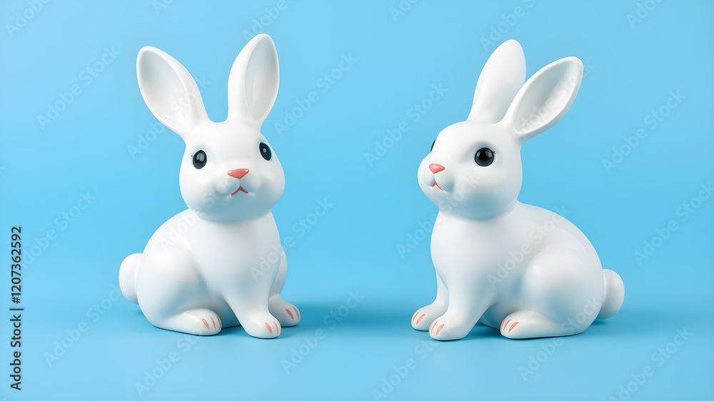 Fototapeta premium 3d illustration of two cute white ceramic rabbit decorations. Animal characters isolated on blue background. Generative AI