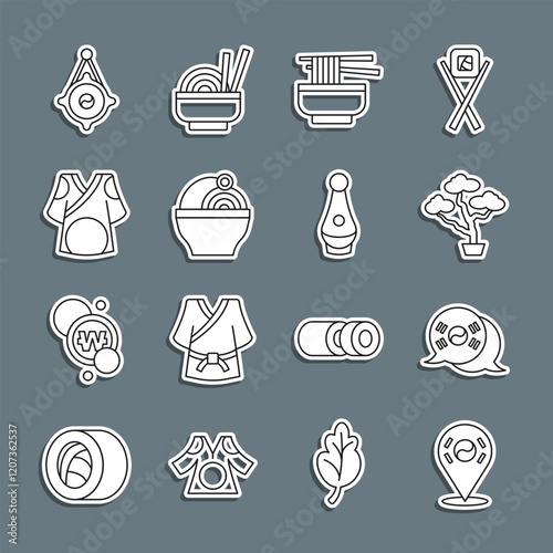 Set line Location South Korea, flag, Bonsai tree, Ramen, Kimono, Korean lantern and Soju bottle icon. Vector