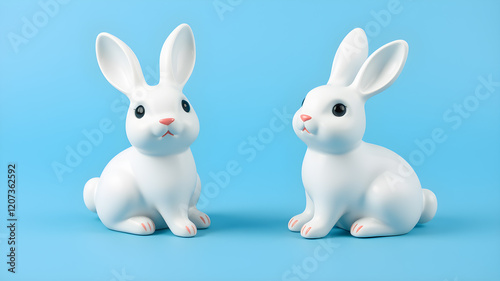 3d illustration of two cute white ceramic rabbit decorations. Animal characters isolated on blue background. Generative AI photo