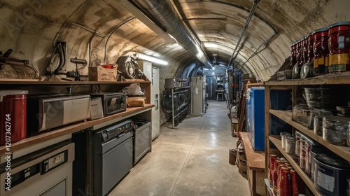 Underground bunker interior with lockers, appliances on desk, stocks on shelves and hatchway in floor. Vector cartoon illustration of bomb shelter for survival under nuclear war. Secret science base photo