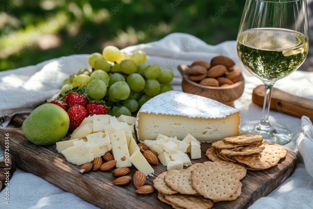 Outdoor picnic featuring almonds and cheese platter serene garden setting lifestyle content relaxed atmosphere inviting perspective gourmet experience