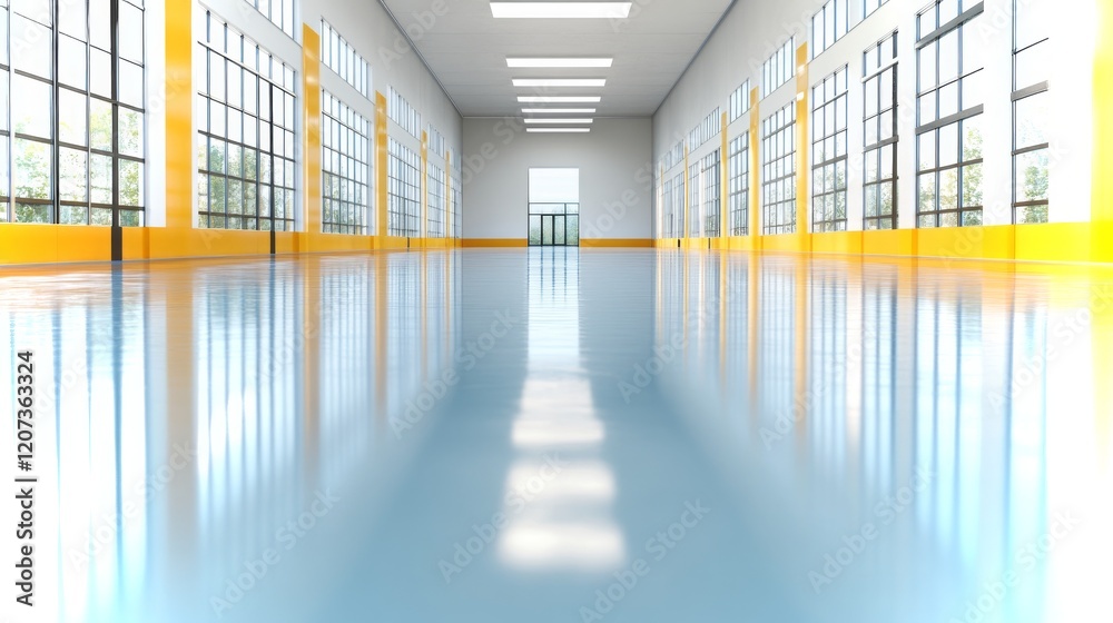 Large spacious hall with bright windows and reflective floor ideal for events and activities