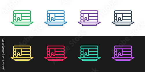 Set line Stack of pancakes with honey icon isolated on black and white background. Breakfast concept. Vector
