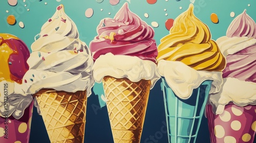 Vintage-style poster of a retro ice cream parlor with colorful cones, scoops, and playful typography.