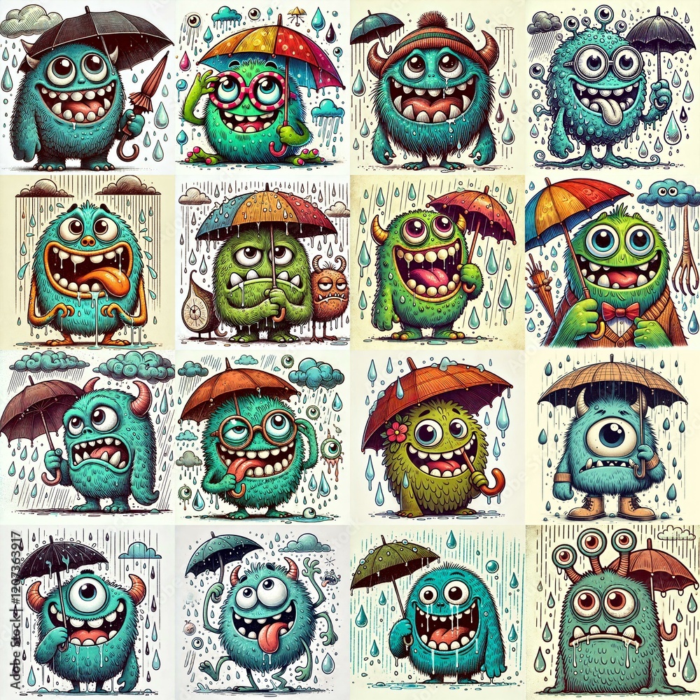 Fototapeta premium Cartoon monsters in rainy weather. AI generated illustration