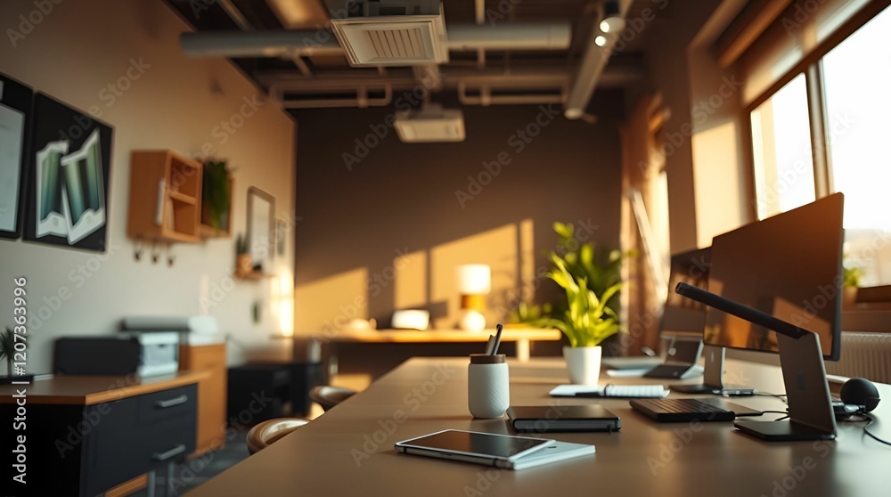 Fototapeta premium An extreme macro close-up showcasing an aesthetically pleasing, tidy, comfortable, and modern office interior