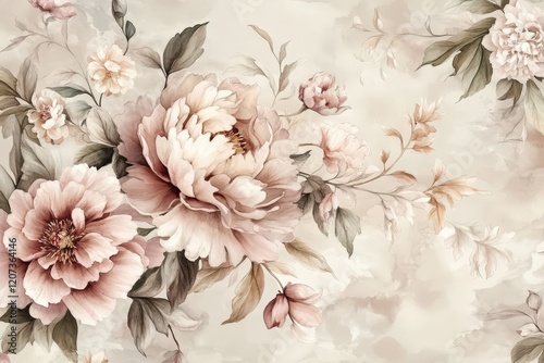 Delicate watercolor design featuring lush leaves and peonies.