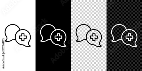 Set line Dialogue with the doctor icon isolated on black and white, transparent background. Doctor and patient dialog. Consulting about medical health services. Vector
