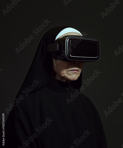 An elderly Asian nun wearing a futuristic VR