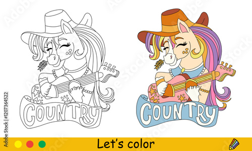 Kids coloring with color template unicorn plays the guitar