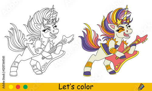 Cute unicorn plays the guitar coloring page vector illustration