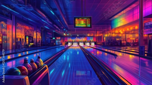 Vintage-style poster of a retro bowling alley with bowling pins, neon lights, and vibrant colors.