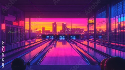 Vintage-style poster of a retro bowling alley with bowling pins, neon lights, and vibrant colors.