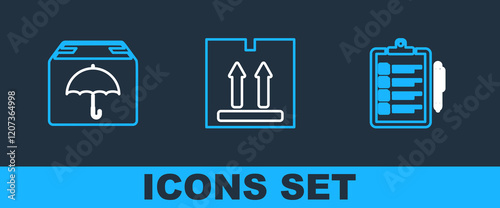 Set line Verification of delivery list, Delivery package with umbrella and Cardboard box traffic icon. Vector
