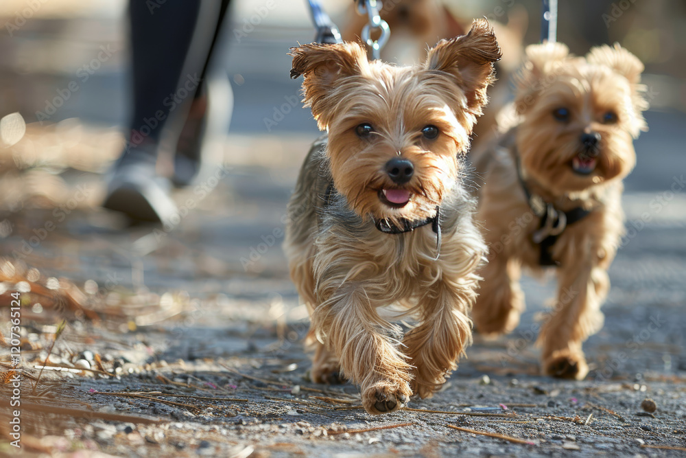 Walking Two Eager Small Dogs in the Park on a Sunny Day Walking Two Eager Small Dogs in the Park on a Sunny Day
