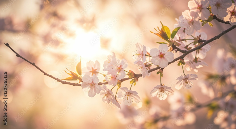 Delicate Cherry Blossoms in Golden Sunrise, Symbolizing Hope and New Beginnings Delicate Cherry Blossoms in Golden Sunrise, Symbolizing Hope and New Beginnings