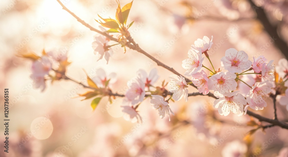 Delicate Cherry Blossoms in Golden Sunrise, Symbolizing Hope and New Beginnings Delicate Cherry Blossoms in Golden Sunrise, Symbolizing Hope and New Beginnings