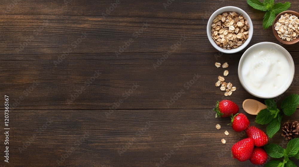 Fresh Ingredients for a Healthy Breakfast Spread on Dark Wooden Background Featuring Strawberries, Yogurt, Granola, and Mint Leaves in Minimalist Arrangement Fresh Ingredients for a Healthy Breakfast Spread on Dark Wooden Background Featuring Strawberries, Yogurt, Granola, and Mint Leaves in Minimalist Arrangement