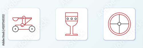 Set line Round wooden shield, Catapult shooting stones and Medieval goblet icon. Vector