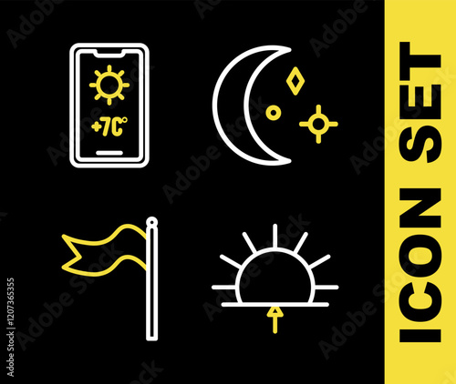 Set line Moon and stars, Sunrise, Meteorology windsock wind vane and Weather forecast icon. Vector