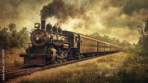 Vintage-style poster of a classic train station with old-fashioned benches, a steam train, and sepia tones.