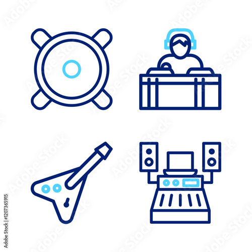 Set line Music recording studio, Electric bass guitar, DJ playing music and Stereo speaker icon. Vector